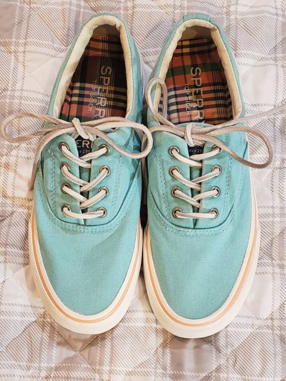 Sperry Men's mint/teal canvas Striper ll CVO low top deck sneakers Size 7